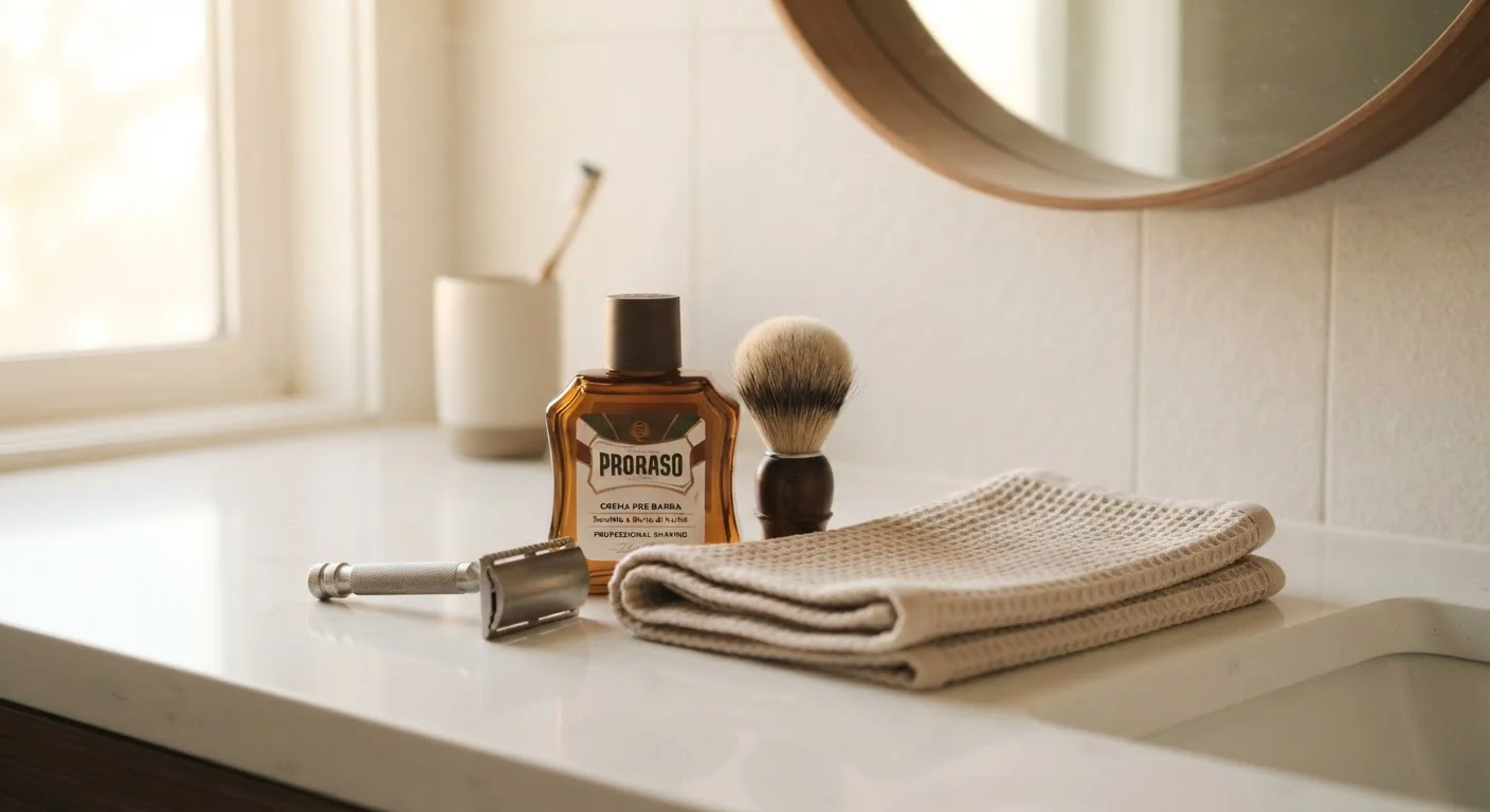 Razor, shaving cream, and towel arranged on a bathroom countertop in warm morning light