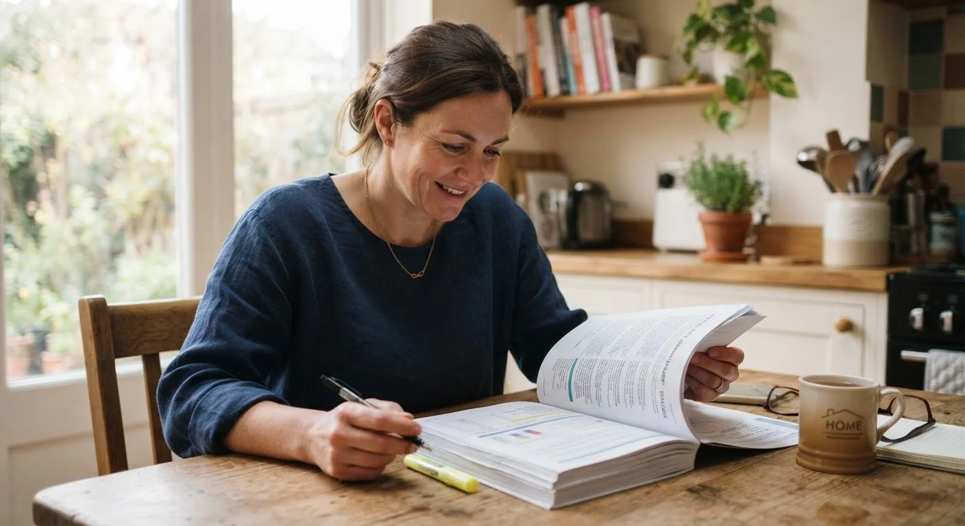 Person reading a dense insurance policy document at a kitchen table with a highlighter