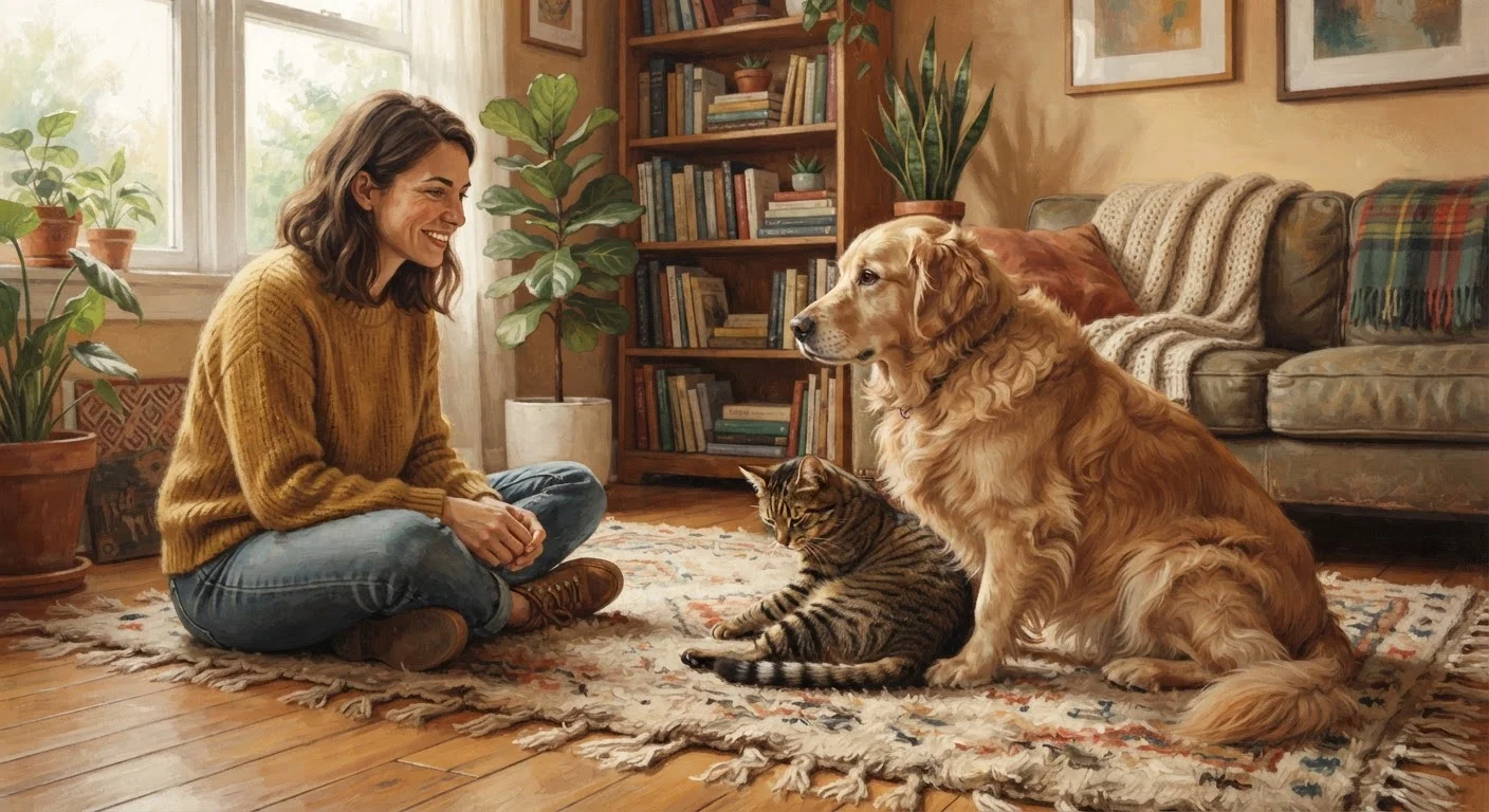 A dog and cat sitting together indoors while an owner observes their body language