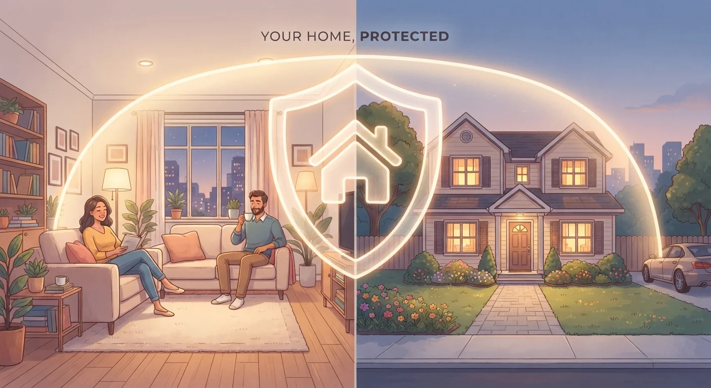 Split image showing an apartment interior and a suburban house representing two types of home insurance coverage