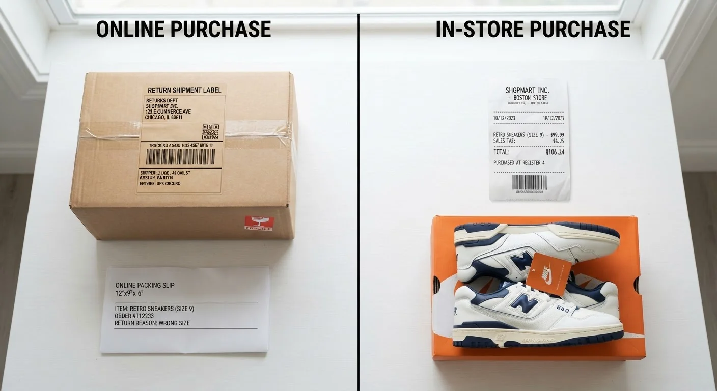 Cardboard box with return shipping label and store receipt side by side on white surface.