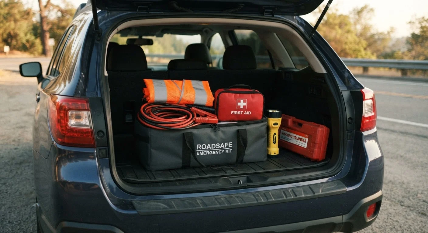 Organized roadside emergency kit laid out in a car trunk with jumper cables, first aid kit, and safety gear