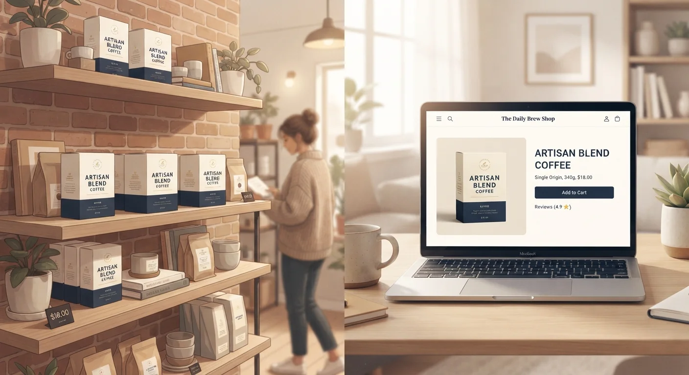 The same boxed product shown in a physical retail store and on an online shopping screen side by side.