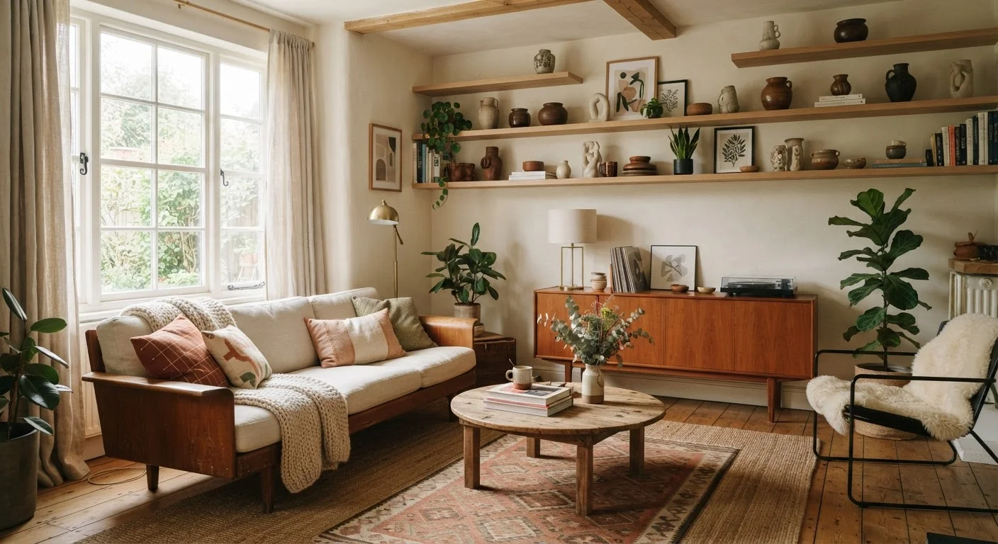 A modern living room styled with vintage and thrifted furniture pieces alongside contemporary decor