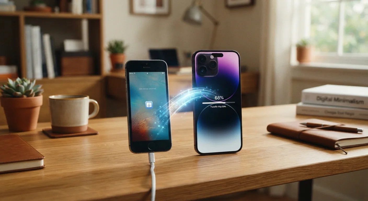 An old smartphone and a new smartphone placed side by side on a desk during setup