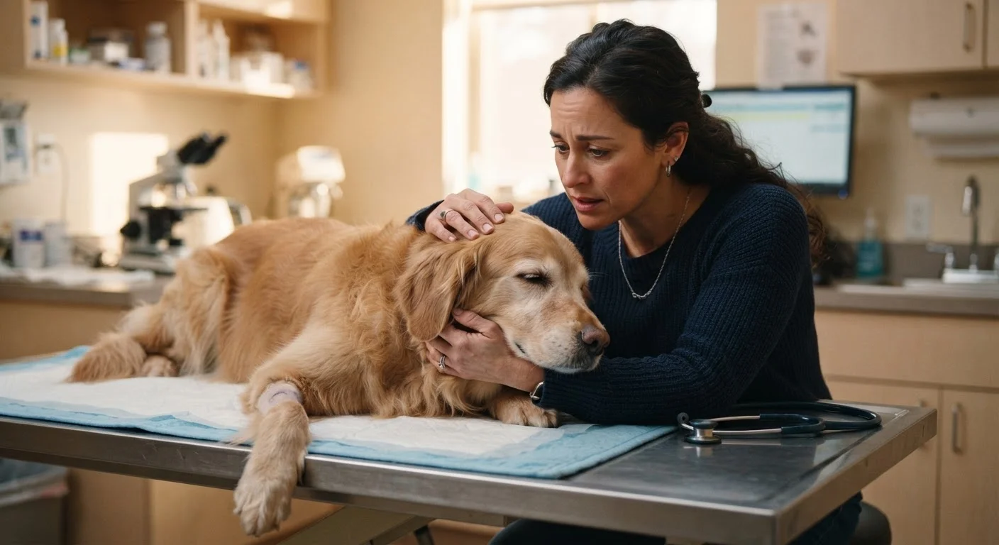 Pet owner and veterinarian examining a lethargic dog on an exam table