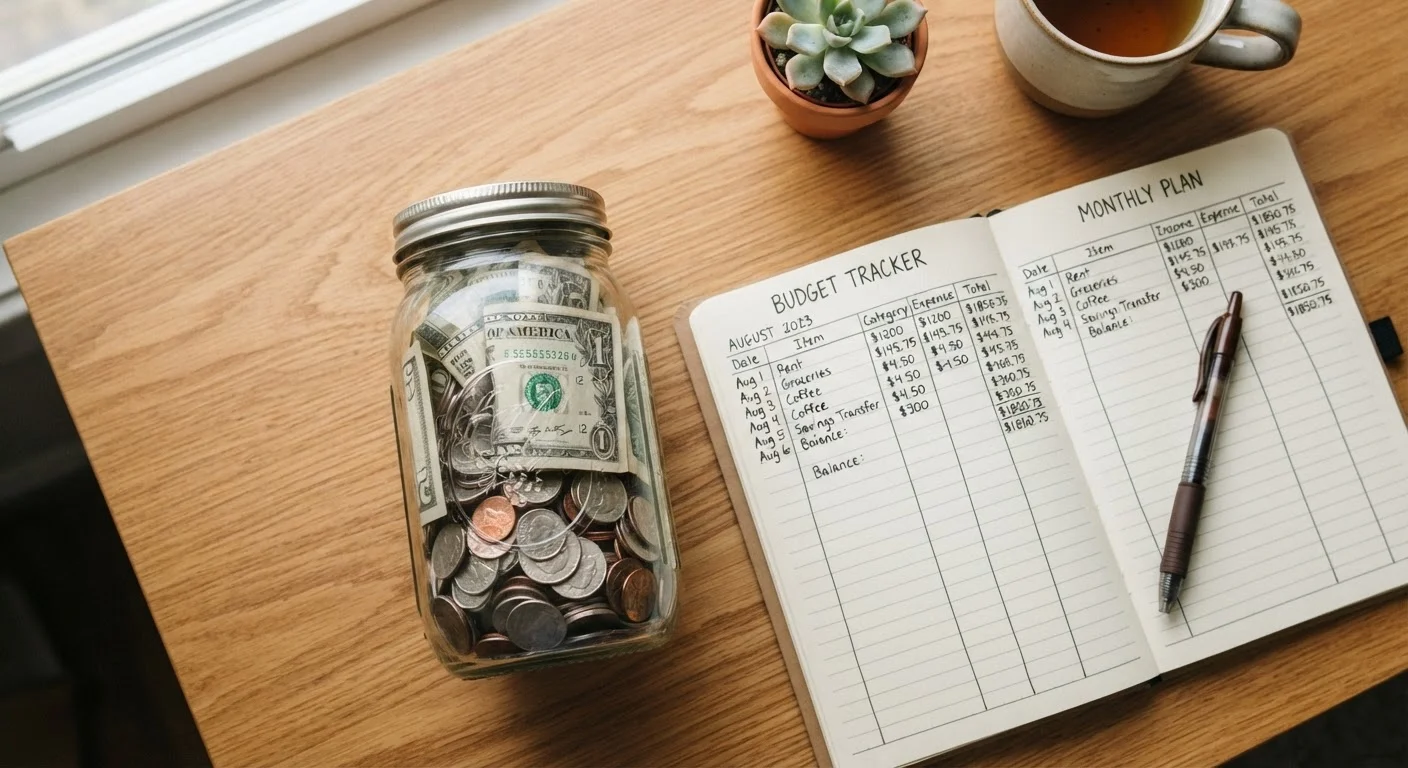 Glass jar of coins and cash next to a handwritten budget notebook on a wooden desk