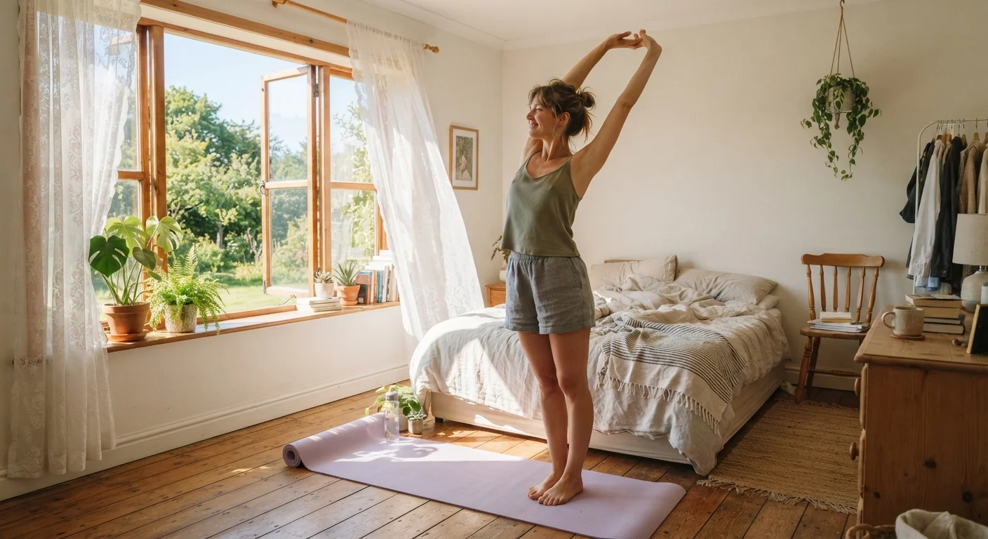 Person stretching in a sunlit bedroom after waking, yoga mat nearby