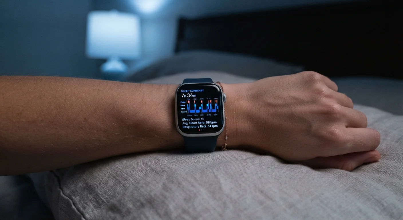 A smartwatch worn on a wrist at night displaying a sleep tracking graph on its screen.