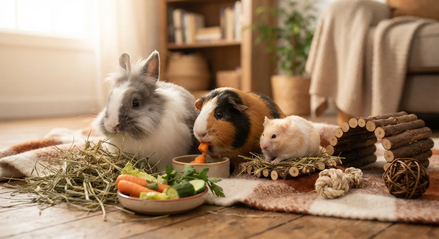 A rabbit, guinea pig, and hamster together in a home setting with hay and fresh vegetables