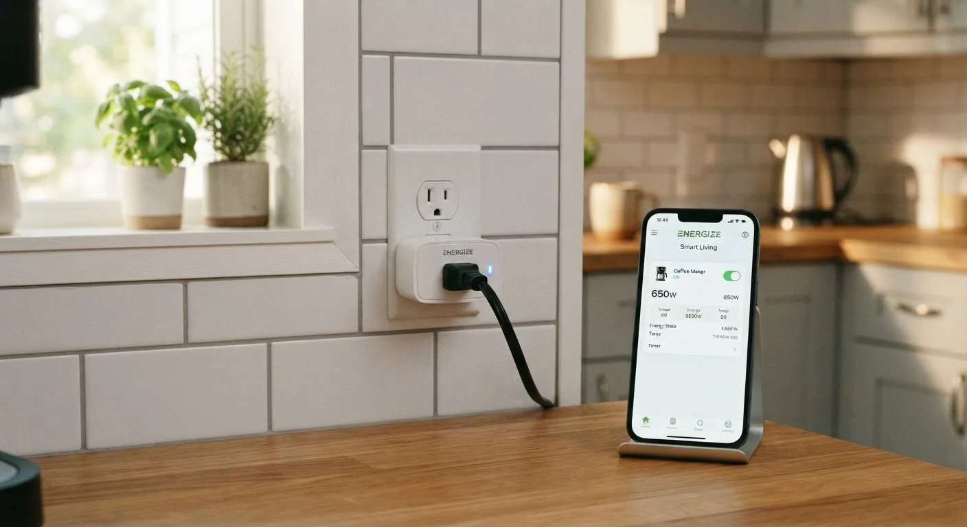 A smart plug inserted into a wall outlet next to a smartphone with a home automation app open