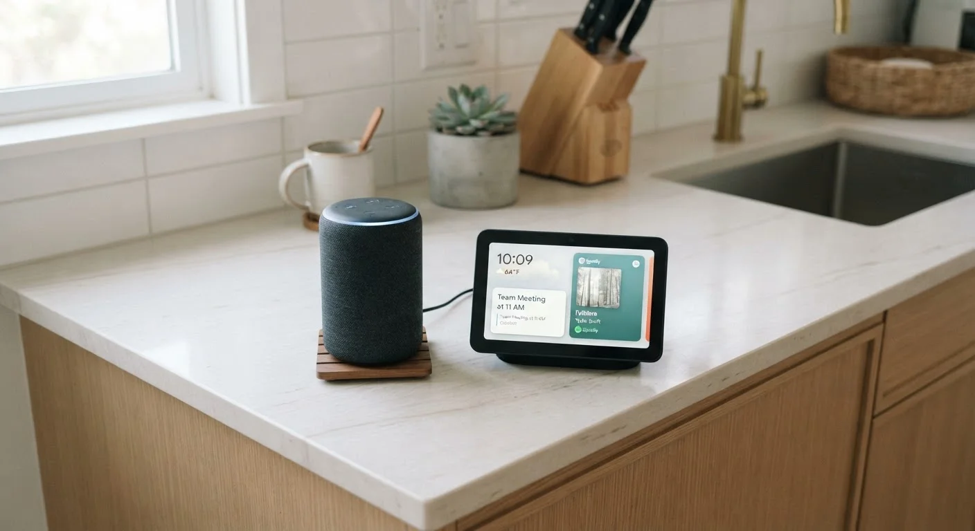 A smart speaker and a smart display sitting side by side on a kitchen countertop