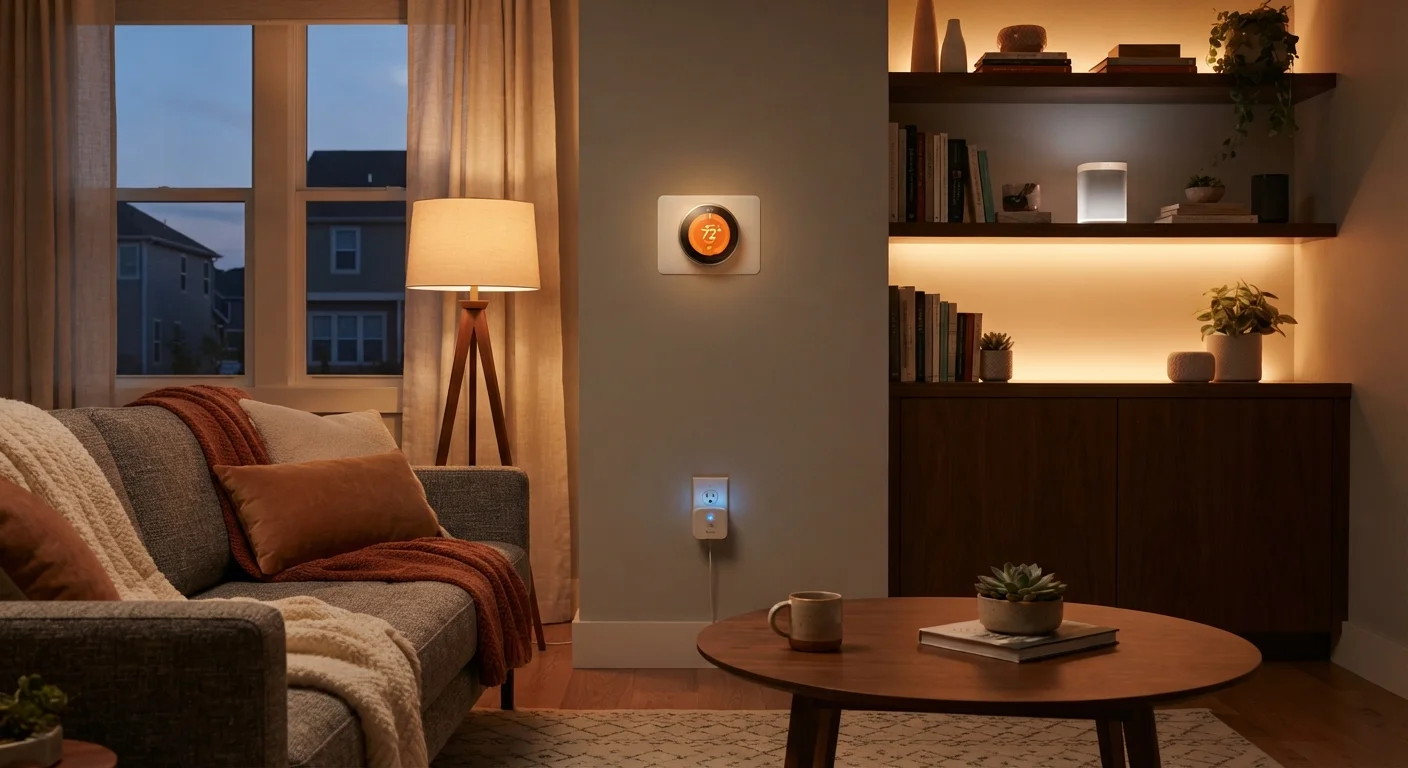 Smart thermostat, smart plug, and smart lighting in a modern living room at dusk.