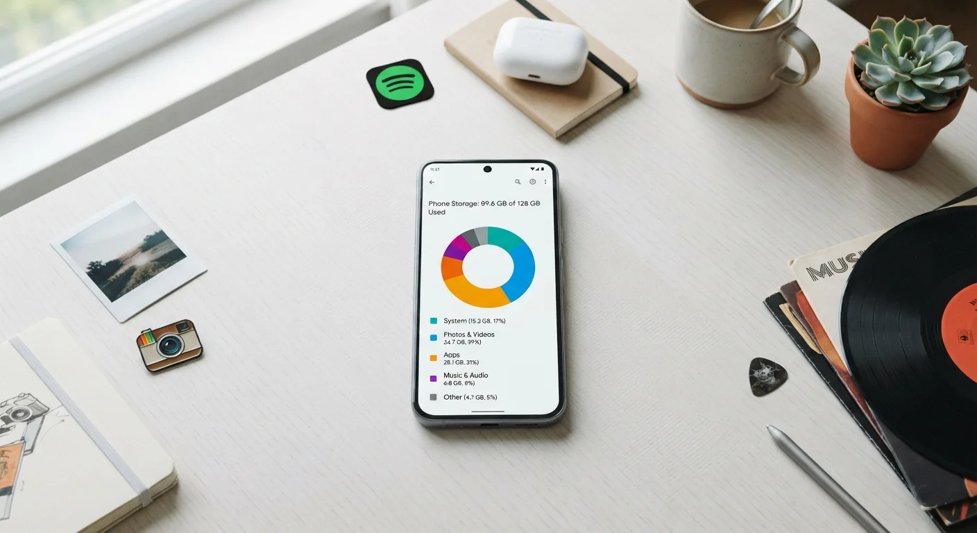 Smartphone screen showing a colorful storage usage breakdown chart with app and photo icons