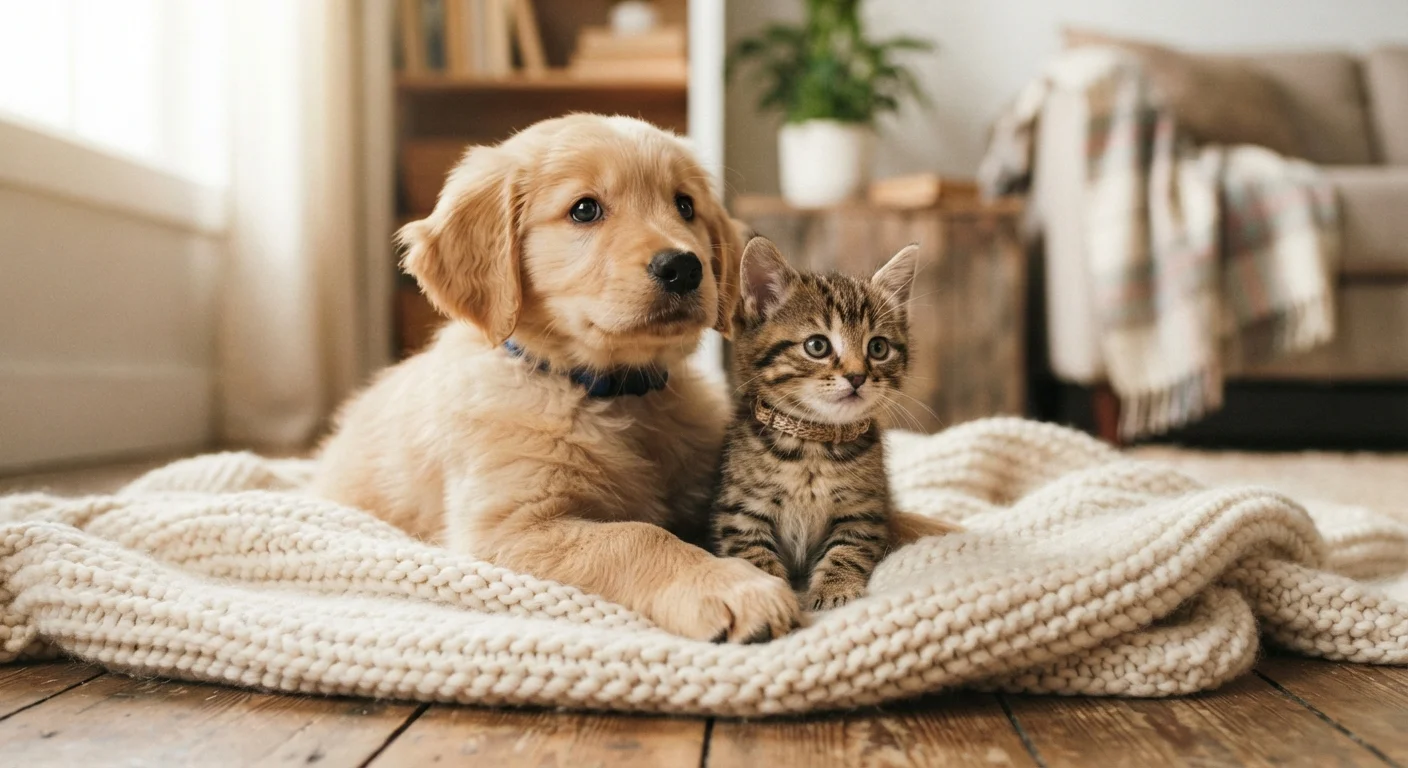 A golden retriever puppy and tabby kitten sitting together on a soft blanket indoors