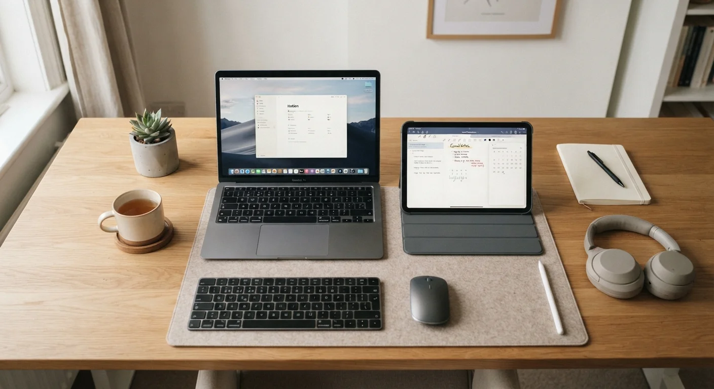 A tablet and a laptop sitting side by side on a wooden desk in a home office