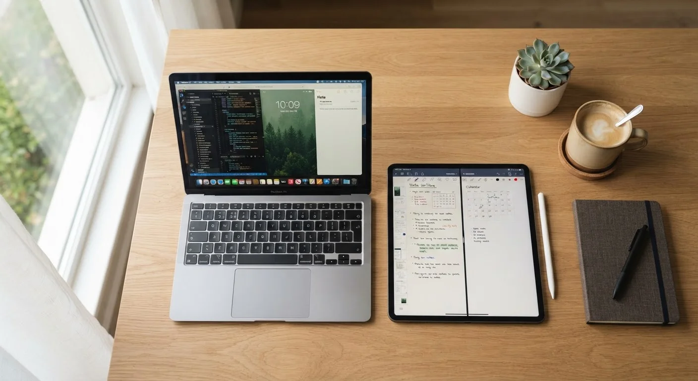 A tablet and a laptop sitting side by side on a wooden desk in natural light.