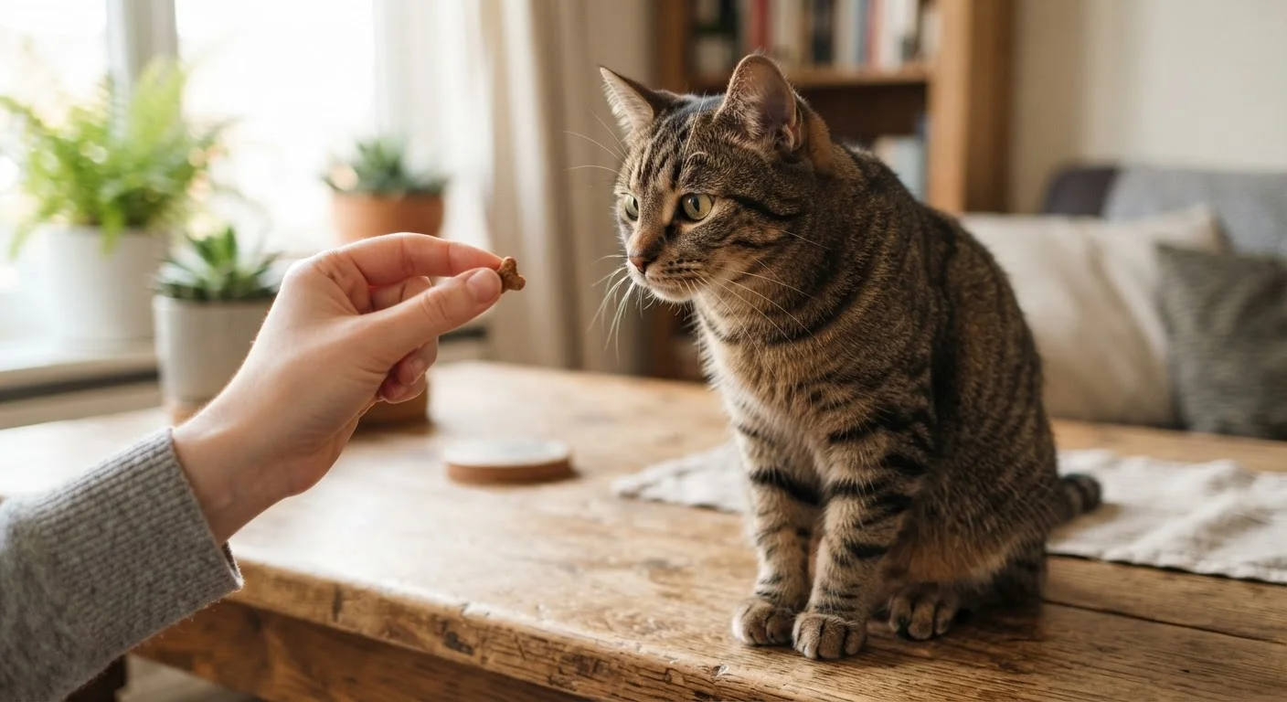 Tabby cat sitting attentively on a table watching a person's hand holding a treat
