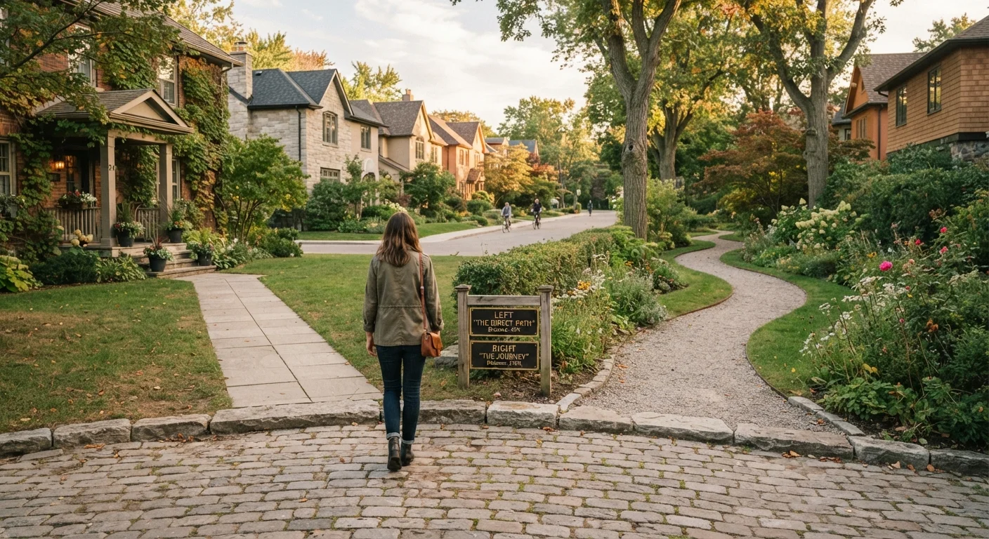 Two diverging paths representing the choice between term and whole life insurance policies.