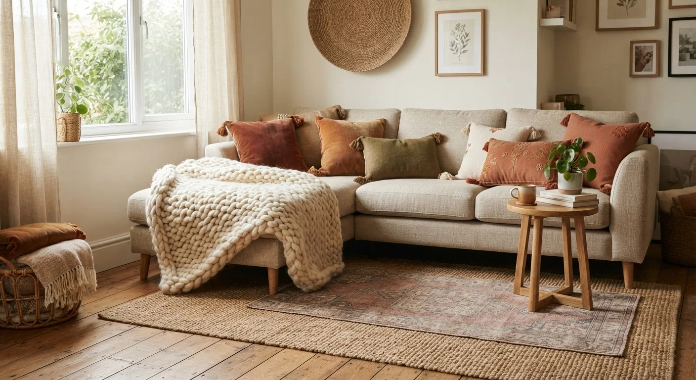 A cozy living room with layered rugs, a throw blanket, and mixed cushions on a neutral sofa
