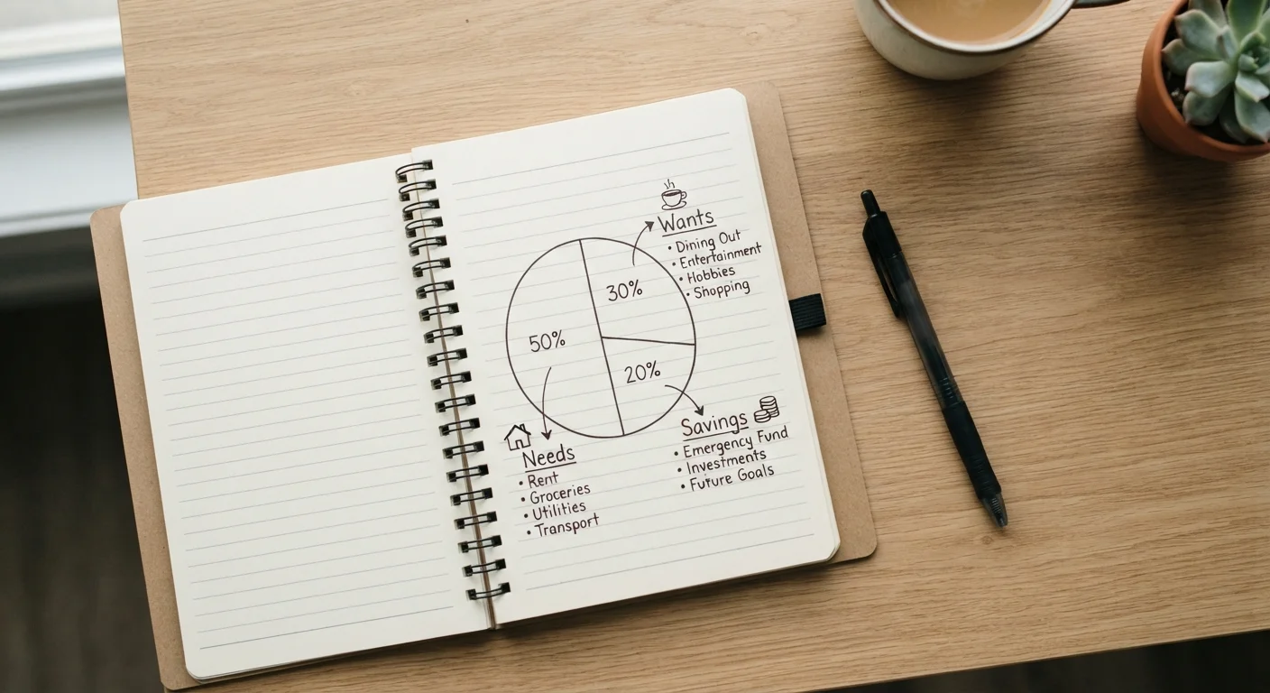 Notebook with hand-drawn pie chart showing three budget sections on a wooden desk