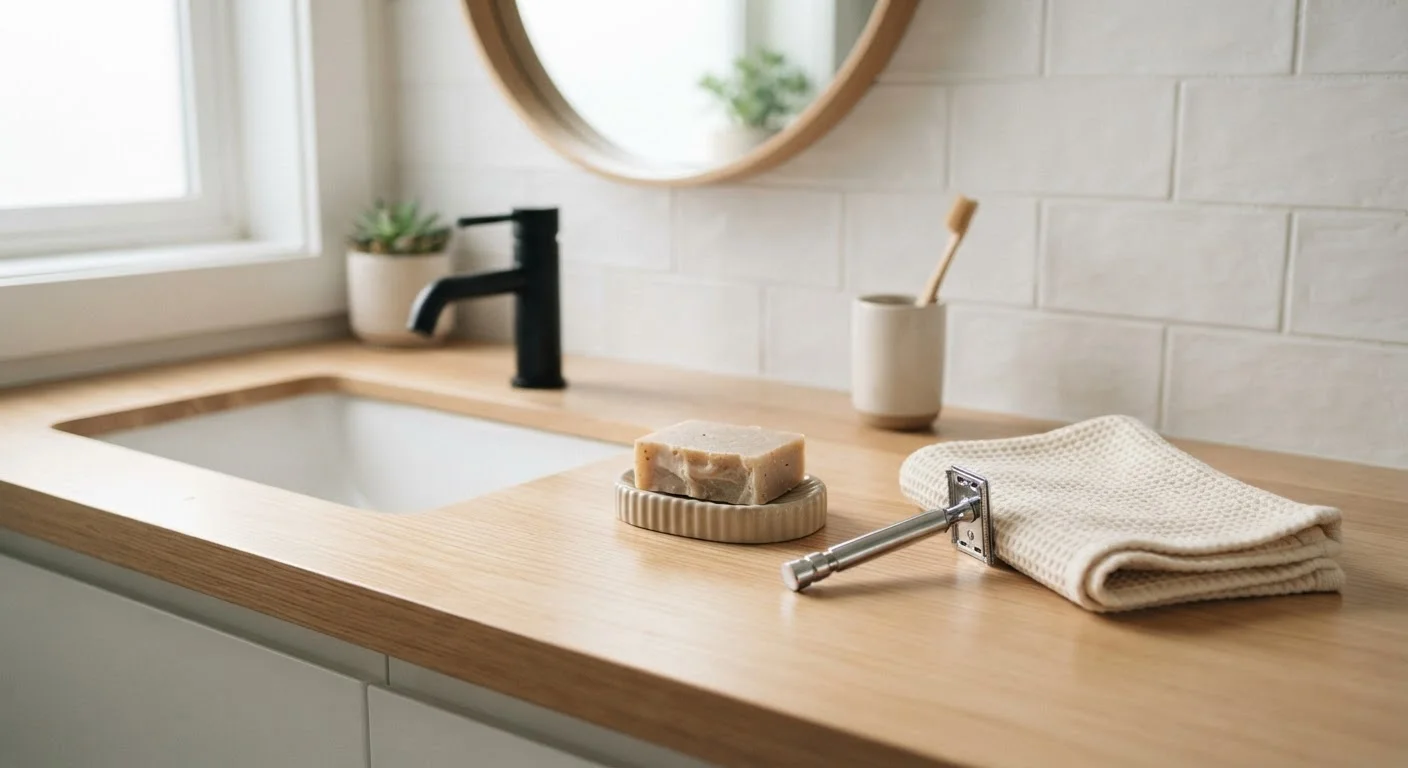 A minimal bathroom counter with a few basic grooming essentials arranged neatly.