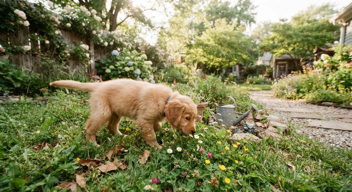 A golden retriever puppy exploring a grassy yard during early socialization