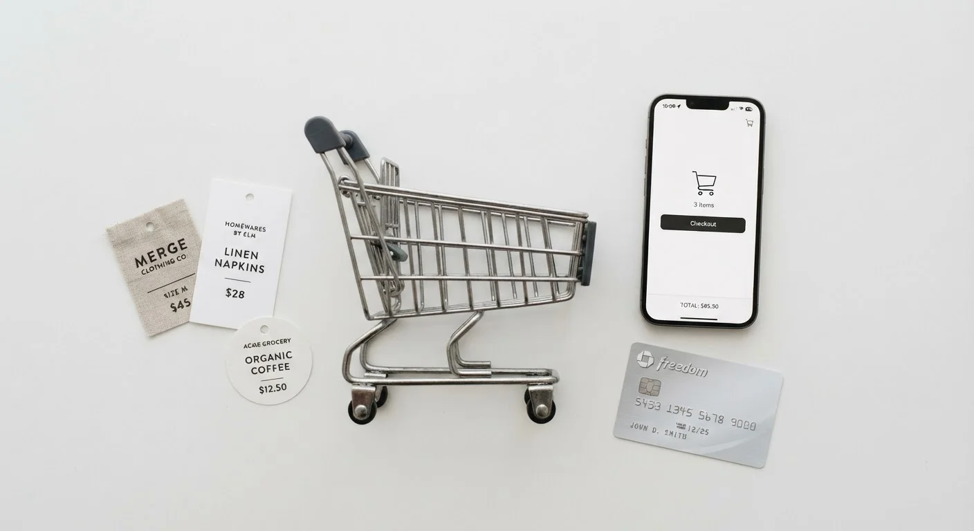 Shopping cart, smartphone, credit card, and price tags arranged on a white surface