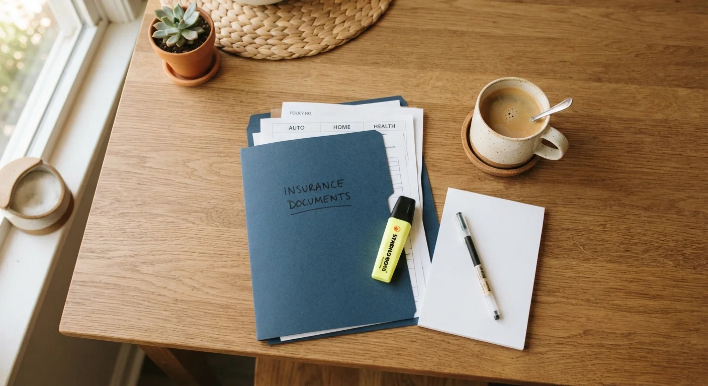 Insurance policy documents spread on a kitchen table with a pen and highlighter ready for review