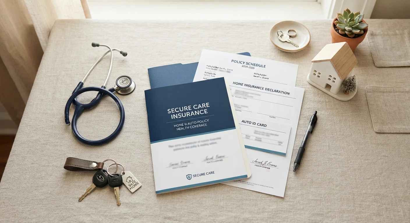 Flat-lay of insurance documents, car keys, house model, and stethoscope representing common insurance types