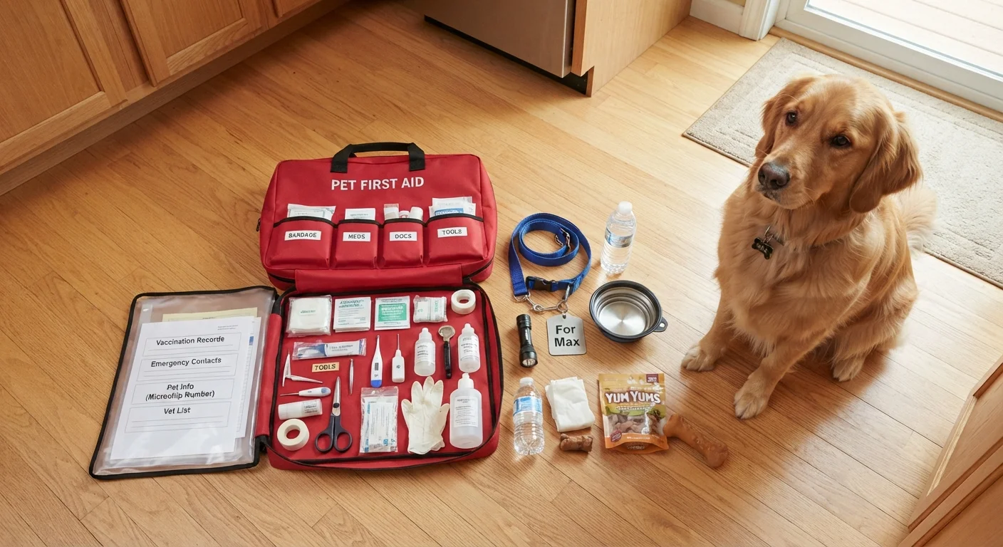 An open pet emergency kit bag with first-aid supplies, documents, and a leash beside a calm dog