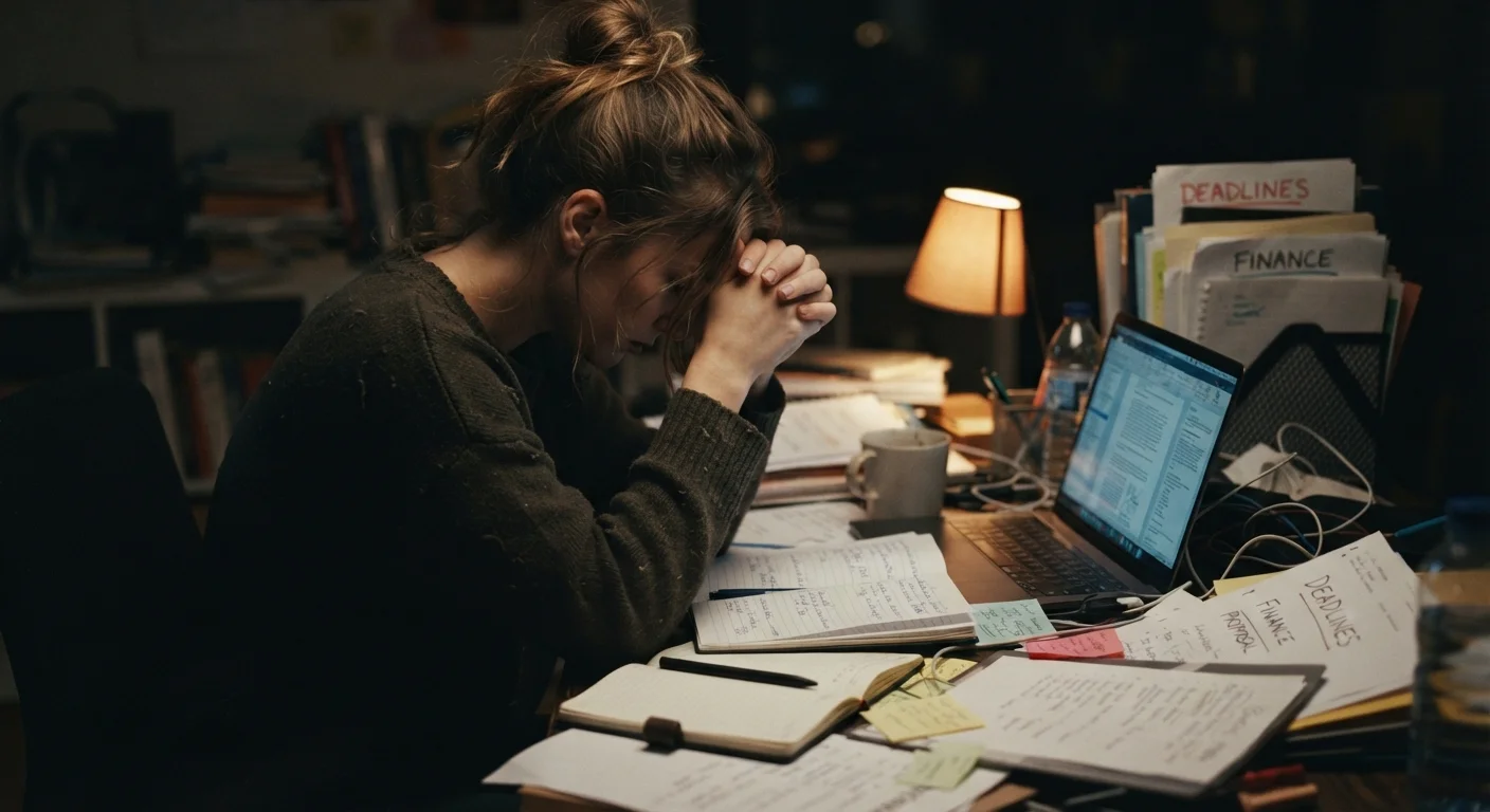 Person sitting at a desk looking overwhelmed, head resting on hands in dim light