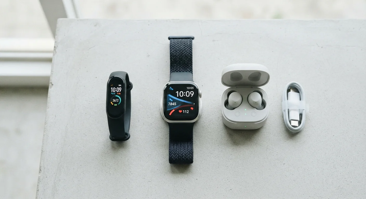 A smartwatch, fitness band, and wireless earbuds arranged on a clean gray surface