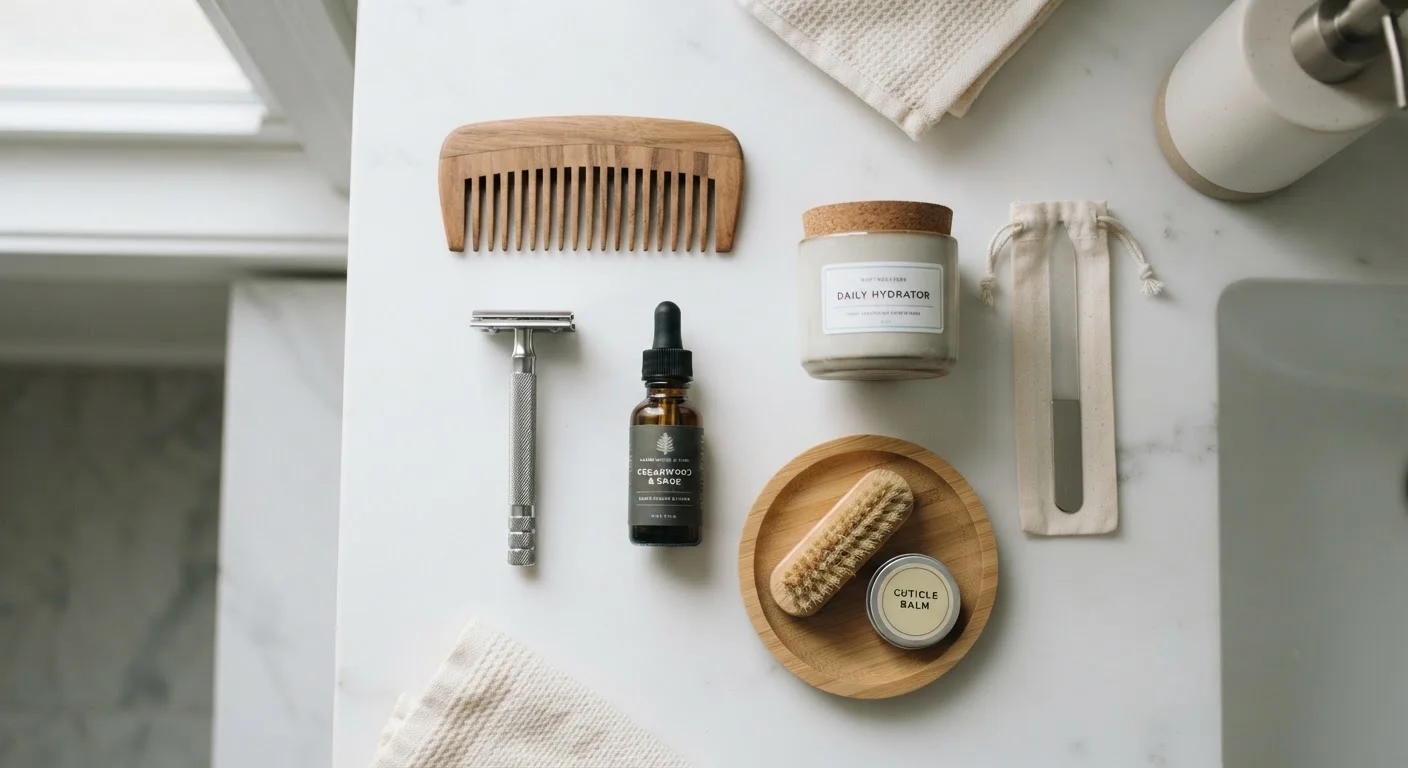 Neatly arranged grooming essentials on a clean bathroom countertop in soft morning light