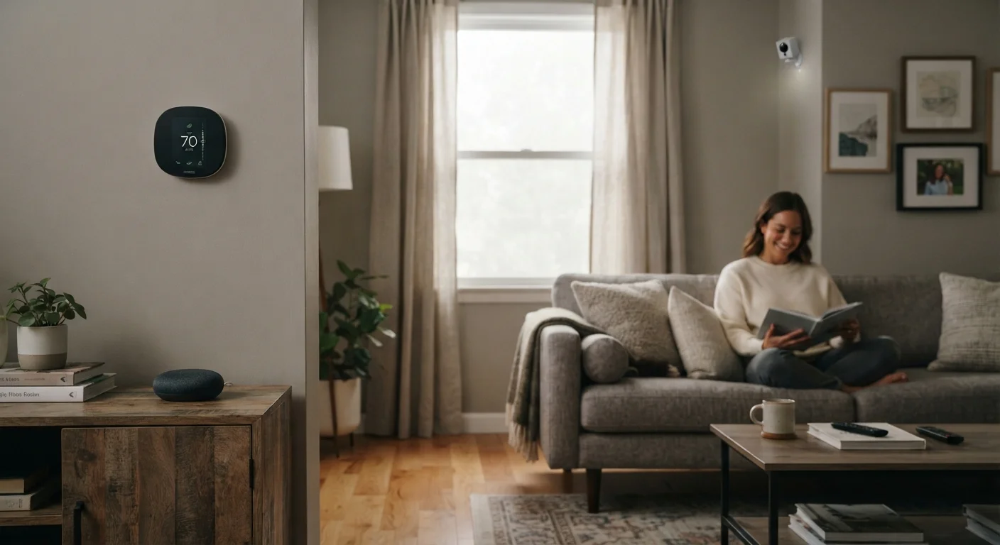 Smart home devices including a speaker, thermostat, and camera in a modern living room.