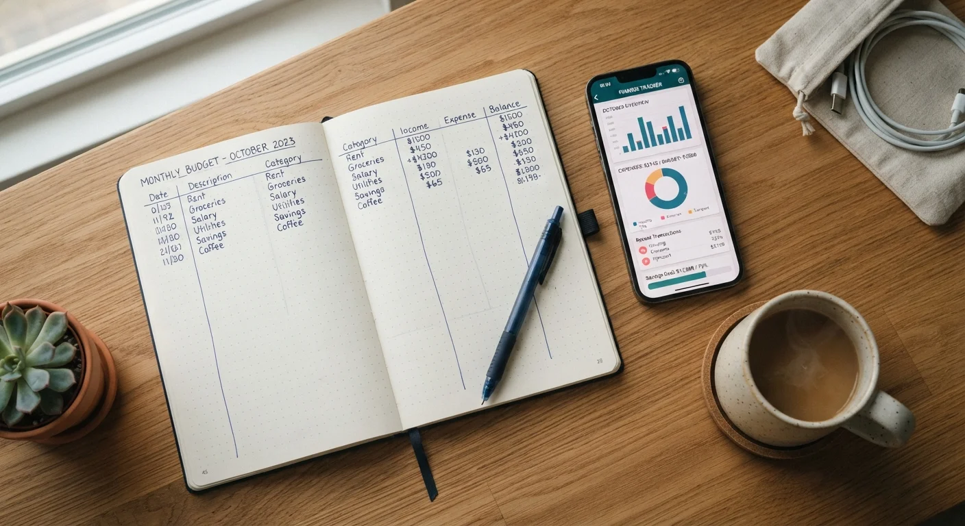 A handwritten budget notebook placed next to a smartphone showing a budgeting app on a desk.