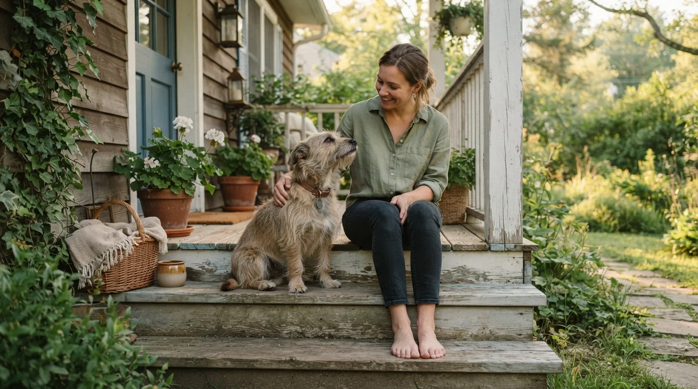 A rescue dog sitting calmly beside its new owner on a sunny porch step