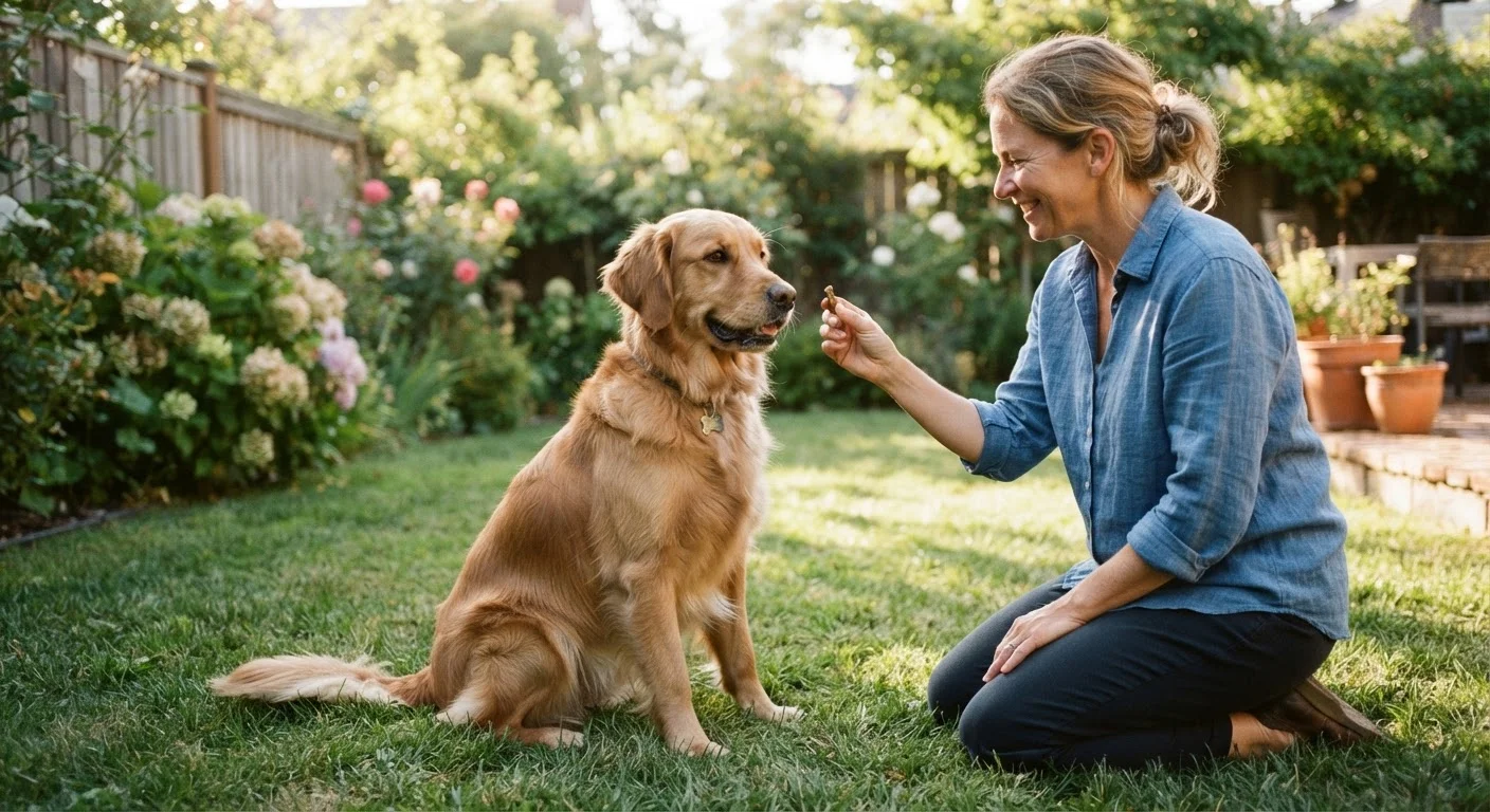 A dog sitting attentively during a positive reinforcement training session outdoors