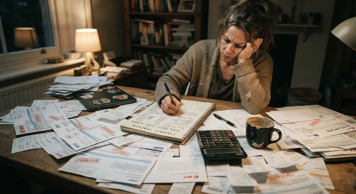Scattered bills and a calculator on a desk suggesting ongoing debt management challenges