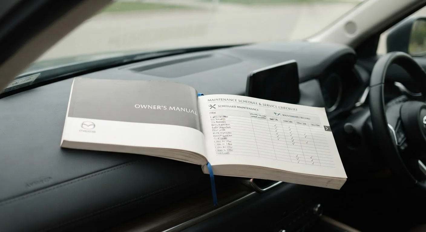 Open car owner's manual resting on a vehicle dashboard showing scheduled maintenance intervals
