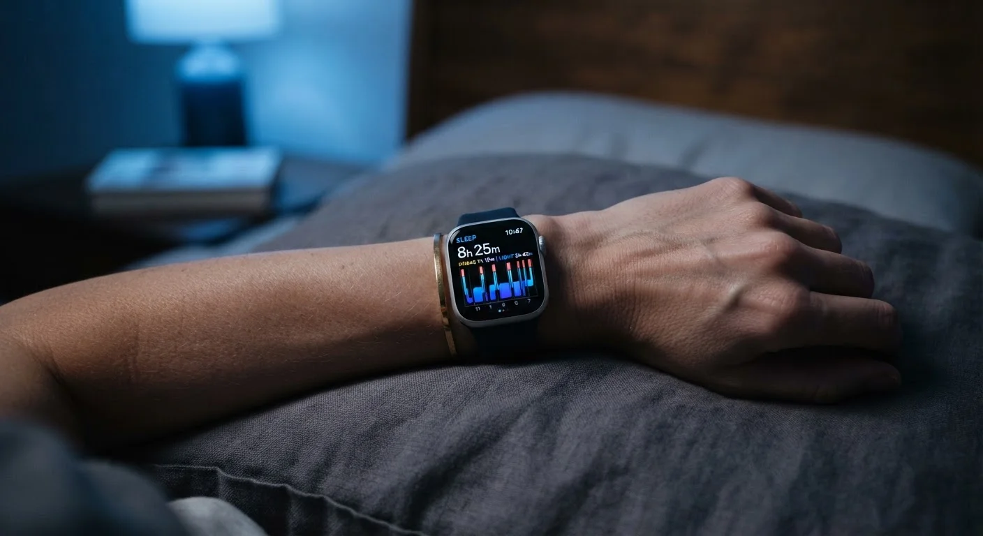 Smartwatch on a wrist resting on a pillow displaying a sleep tracking graph at night