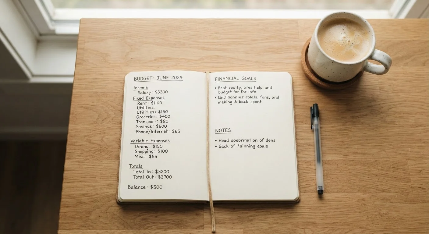Open notebook with a handwritten budget plan on a wooden desk beside a pen and coffee cup