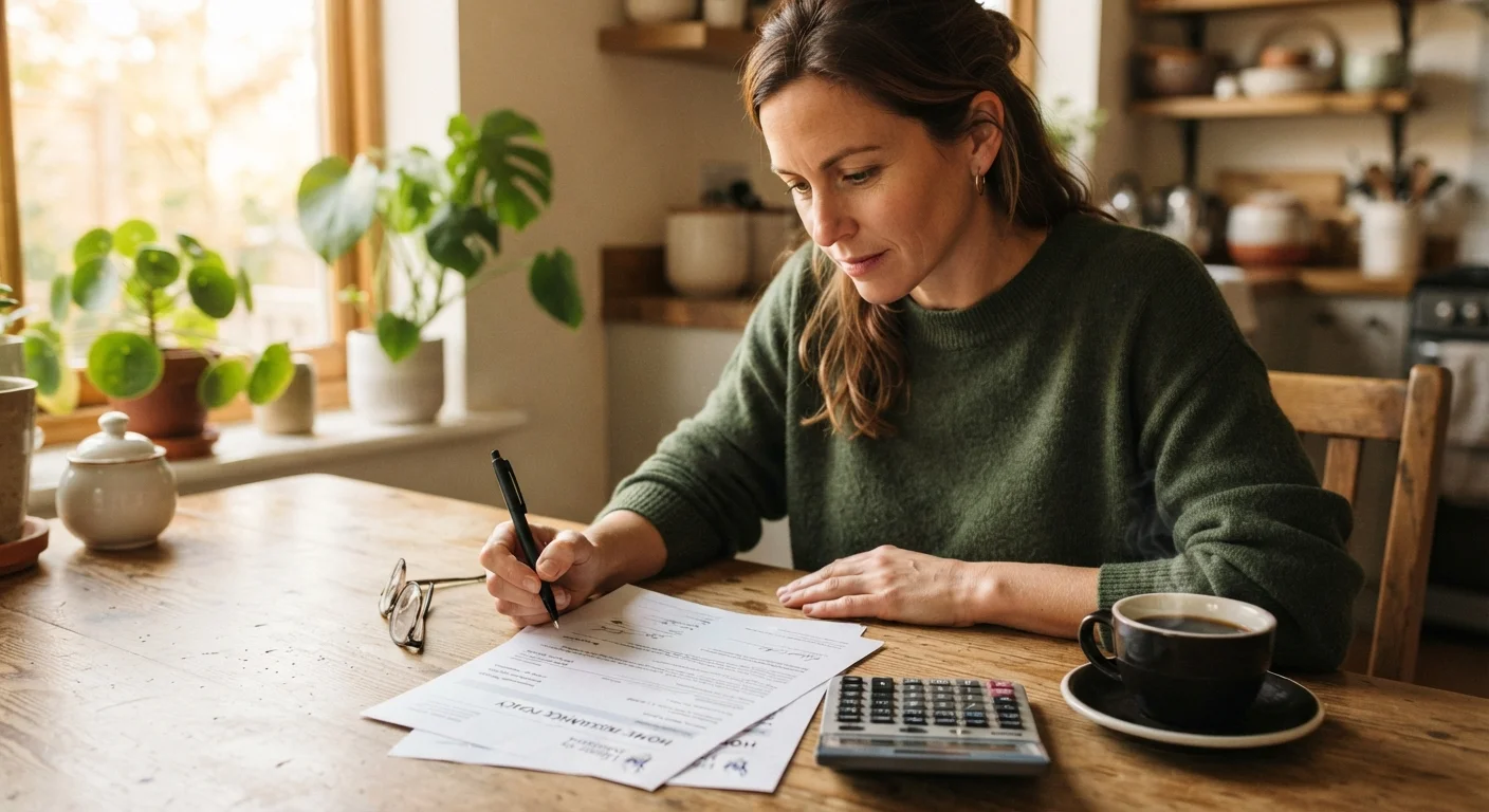 Person reviewing an insurance policy document at a kitchen table with a calculator nearby