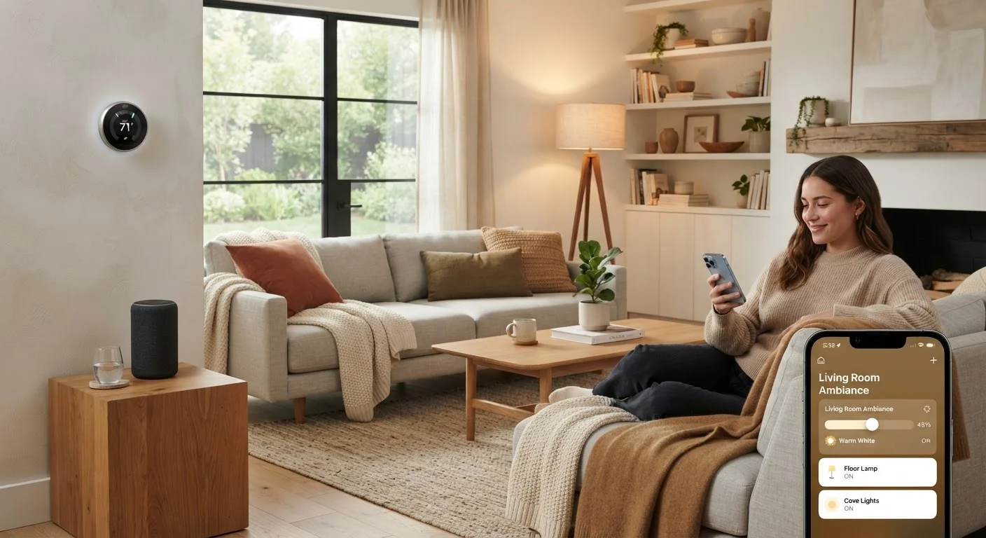 A tidy living room with smart lighting, a speaker device, and a wall-mounted thermostat visible