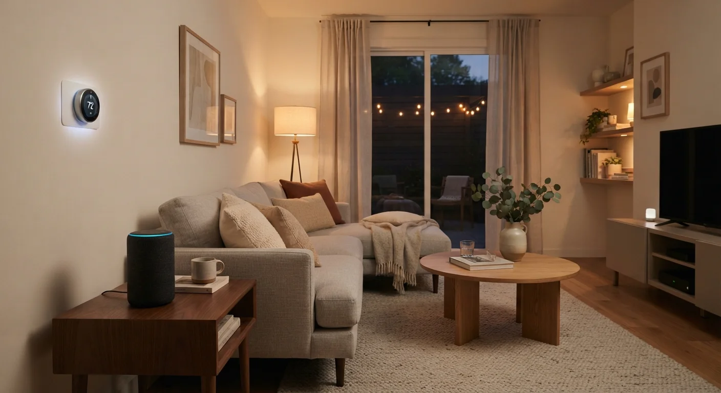 Modern living room with smart speaker, connected thermostat, and ambient smart lighting