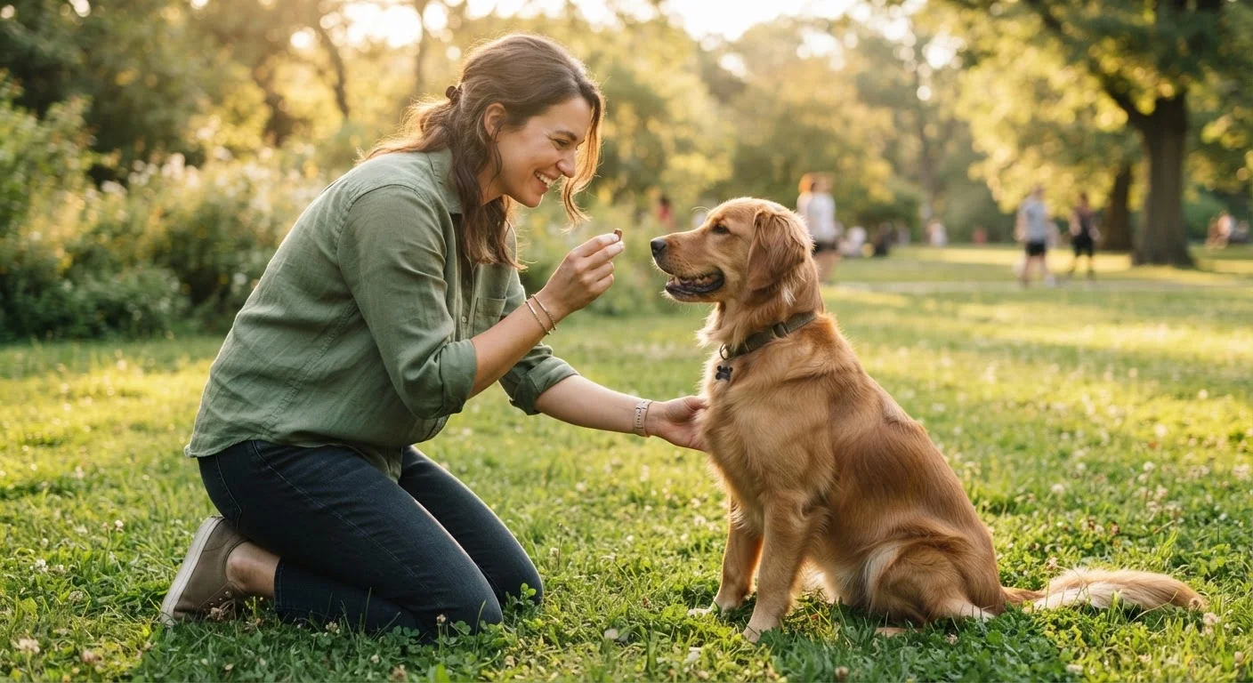 A person kneeling outdoors training an attentive dog with a small treat reward