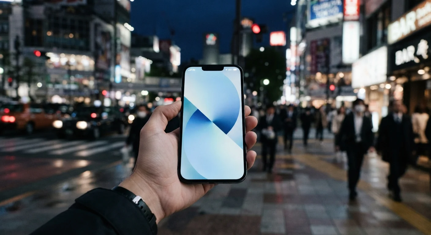 A smartphone showing a 5G signal icon on a busy city street background