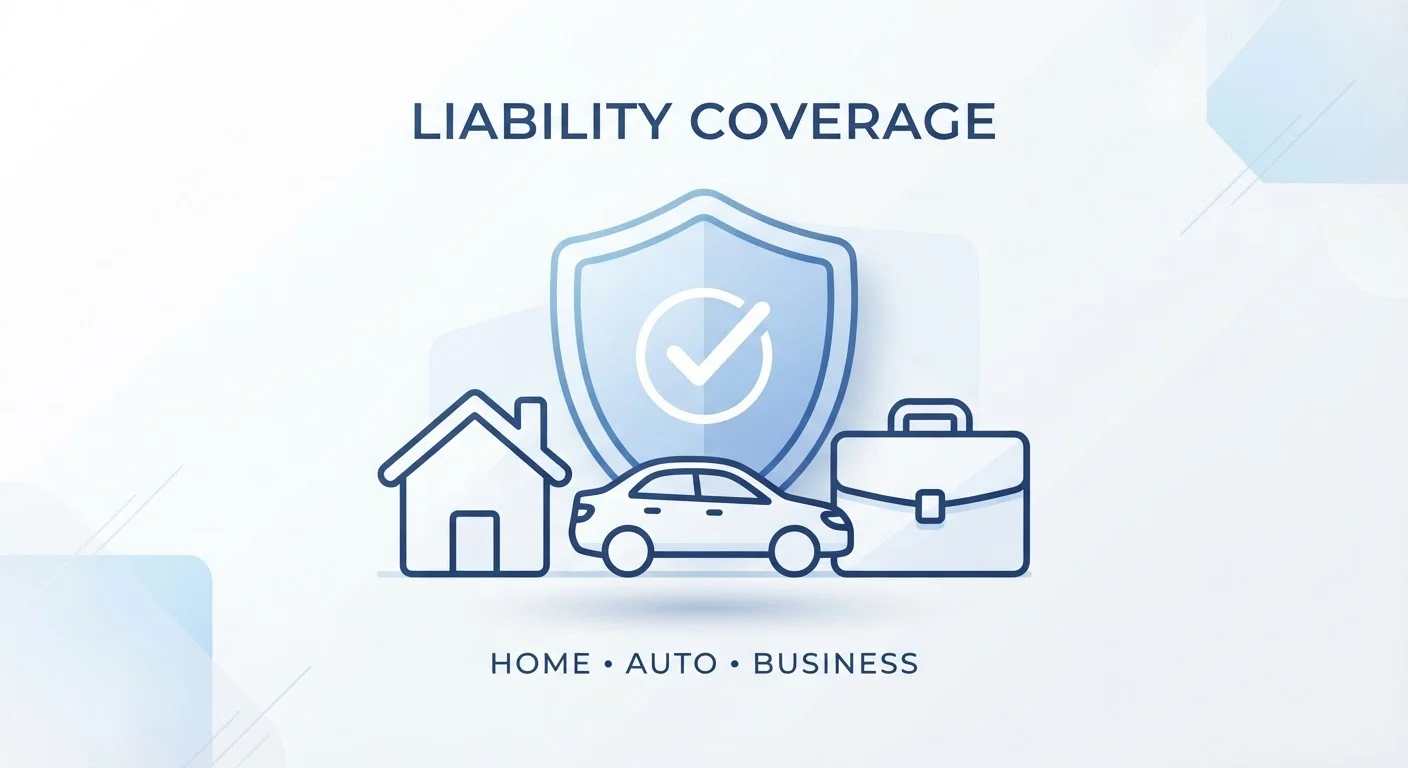 A protective shield icon covering a house, car, and briefcase representing liability coverage across insurance types