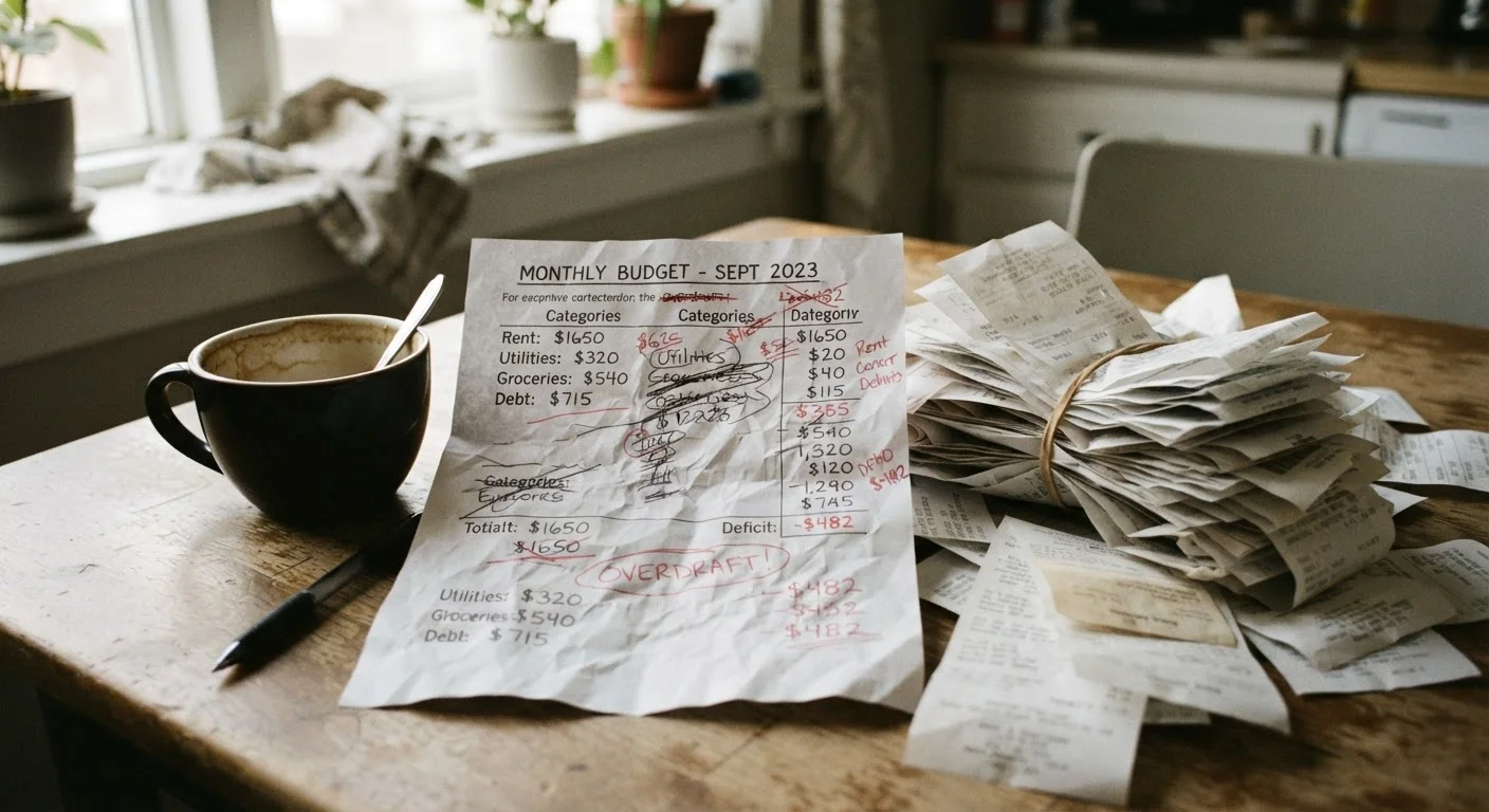 Crumpled budget worksheet on a kitchen table surrounded by receipts and a coffee mug