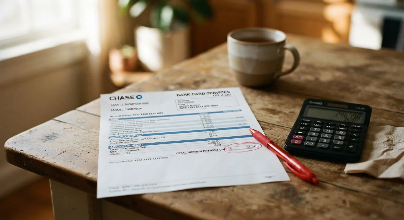 Credit card statement on a table with minimum payment circled in red pen next to a calculator